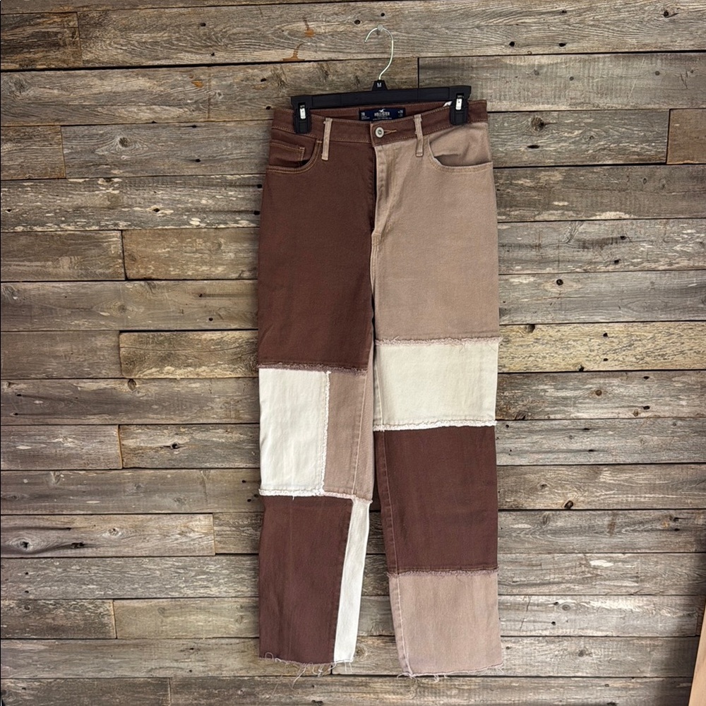 Hollister High Rise Patchwork Jeans - Brown and Cream